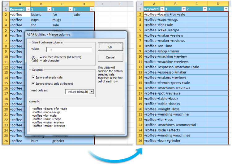 Merge cell contents of selected columns into one cell (A versão em inglês está aqui.)