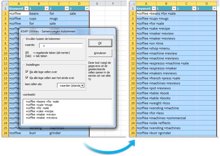 Cel inhoud geselecteerde kolommen samenvoegen