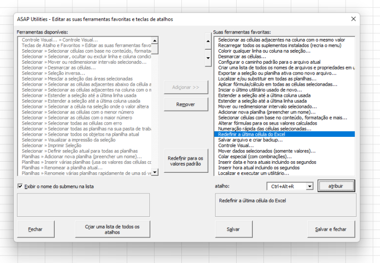 Exemplo de captura de tela: 2, ASAP Utilities Opções  ›  Editar as suas ferramentas favoritas e teclas de atalhos...