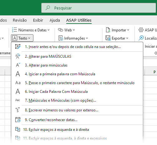 Ferramentas de Texto no ASAP Utilities para Excel