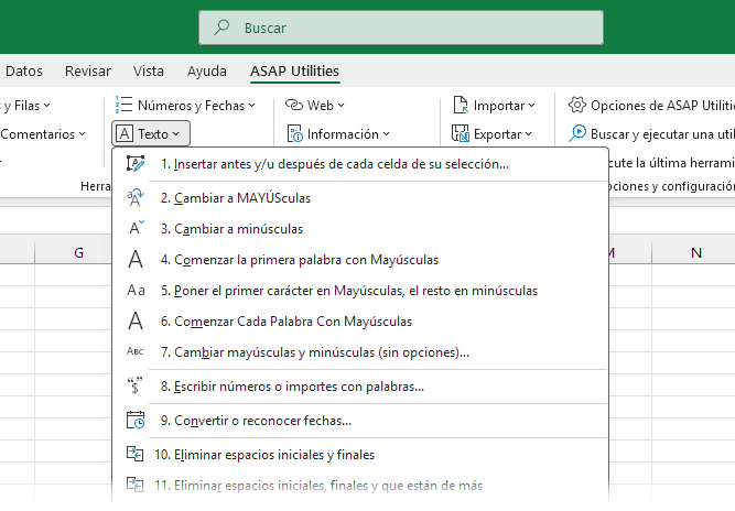 Herramientas de Texto en ASAP Utilities para Excel