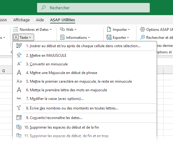 Outils Texte dans ASAP Utilities pour Excel