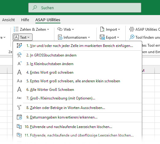 Text-Tools in ASAP Utilities für Excel
