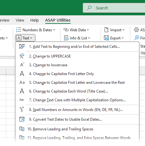 Text tools in ASAP Utilities for Excel