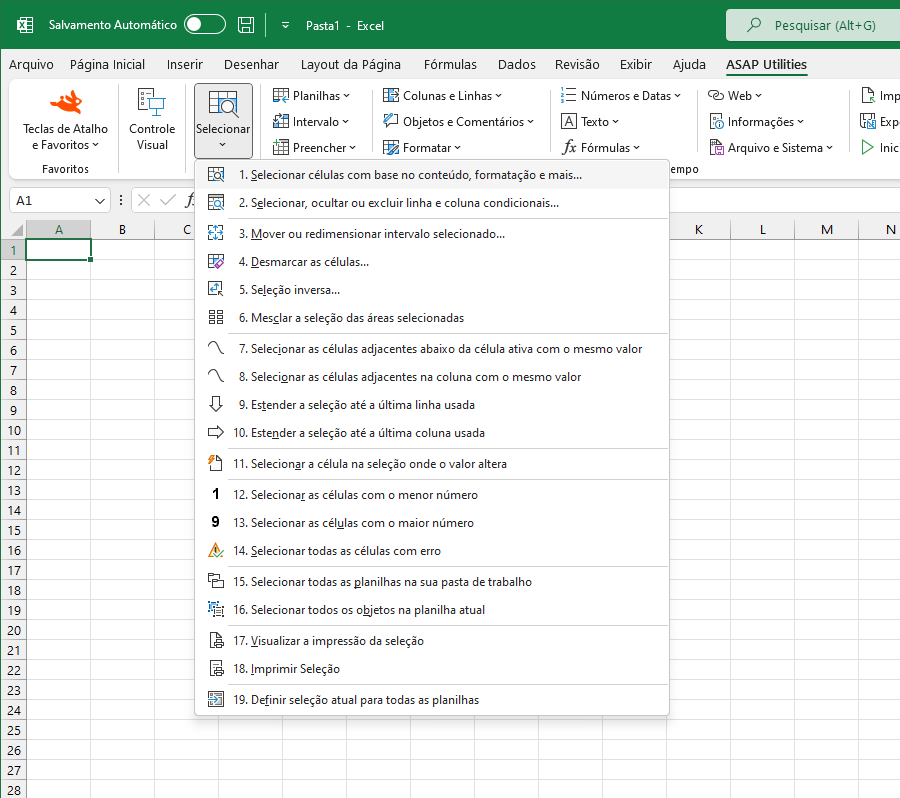 Selecionar  ›  1 Selecionar células com base no conteúdo, formatação e mais...