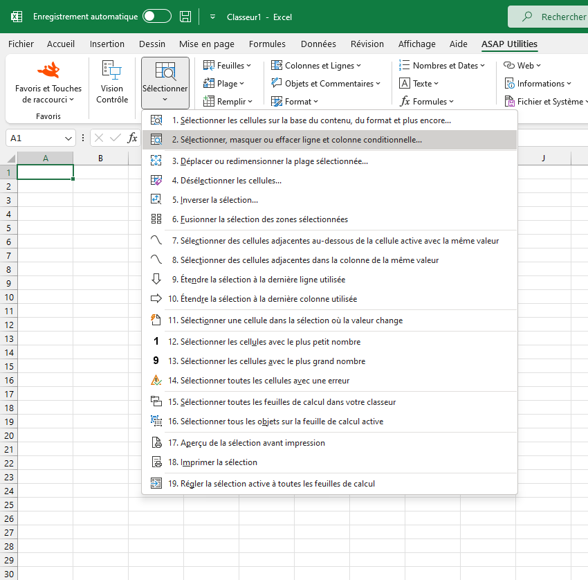 Sélectionner  ›  2 Sélectionner, masquer ou effacer ligne et colonne conditionnelle...