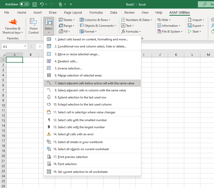 Select  ›  7 Select adjacent cells below active cell with the same value