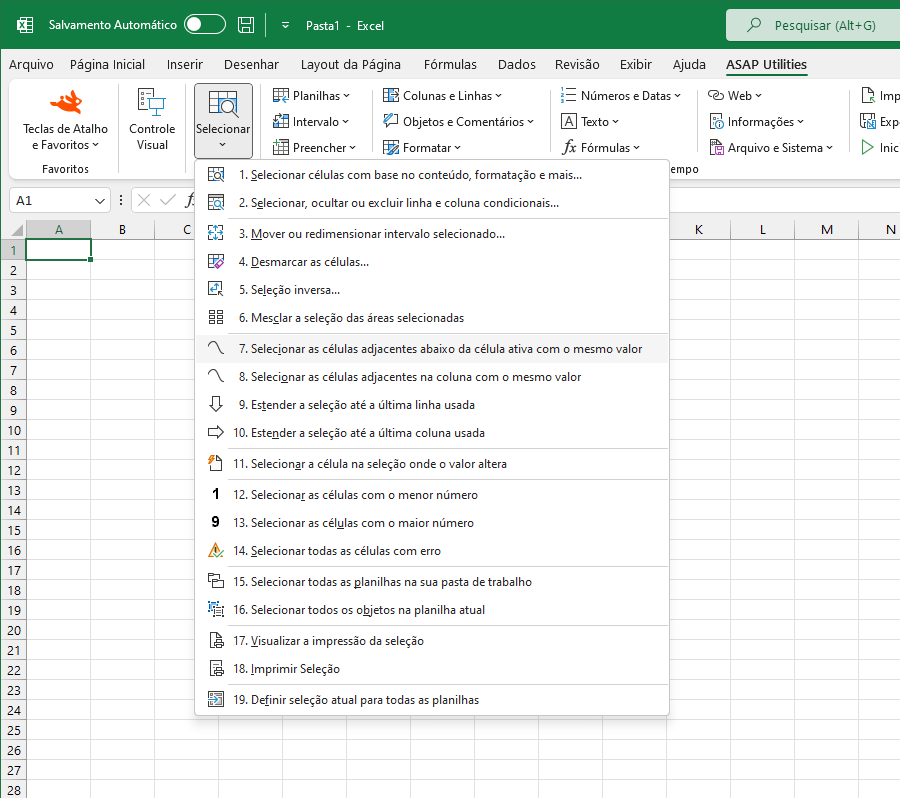Selecionar  ›  7 Selecionar as células adjacentes abaixo da célula ativa com o mesmo valor