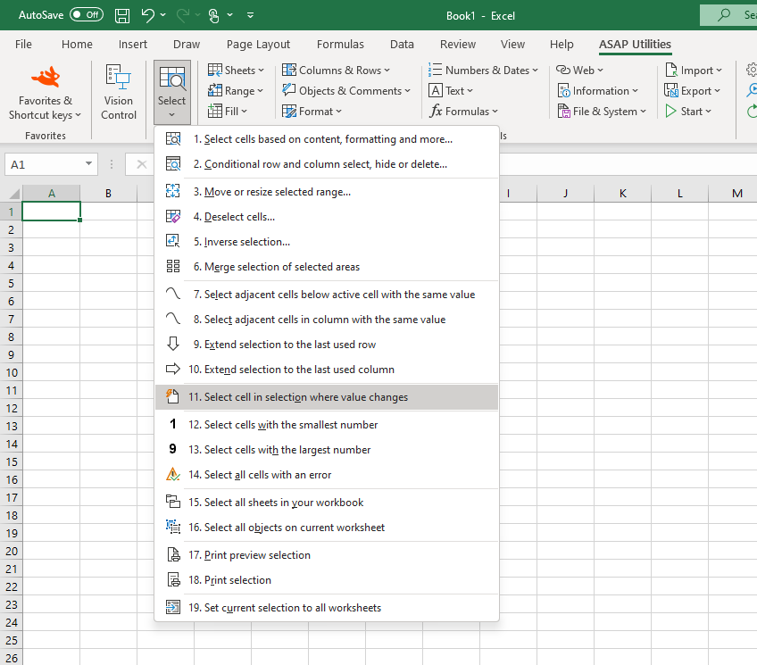 Select  ›  11 Select cell in selection where value changes