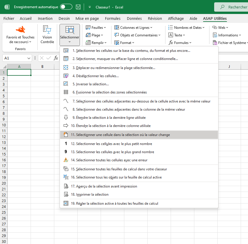 Sélectionner  ›  Sélectionner une cellule dans la sélection où la valeur change