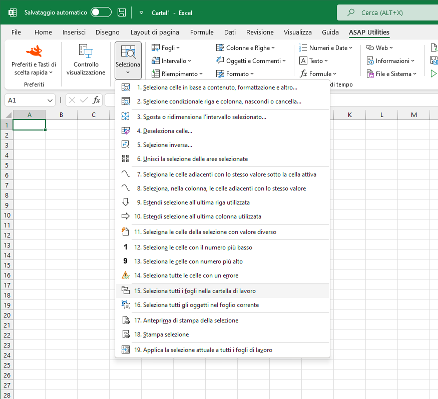 Seleziona  ›  15 Seleziona tutti i fogli nella cartella di lavoro