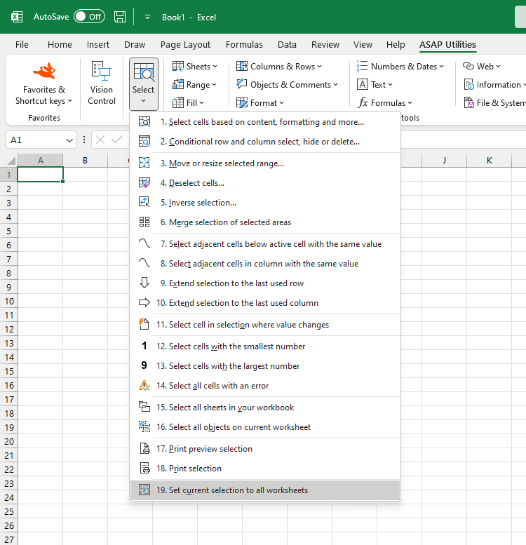 Select  ›  19 Set current selection to all worksheets