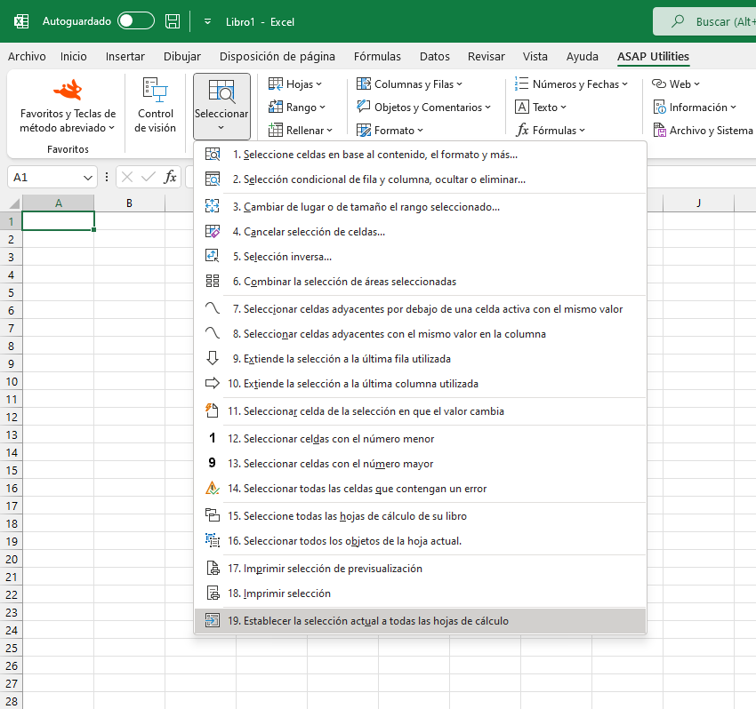 Seleccionar  ›  19 Establecer la selección actual a todas las hojas de cálculo