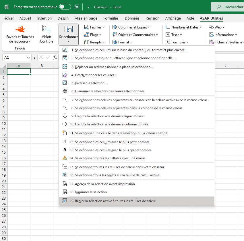 Sélectionner  ›  19 Régler la sélection active à toutes les feuilles de calcul