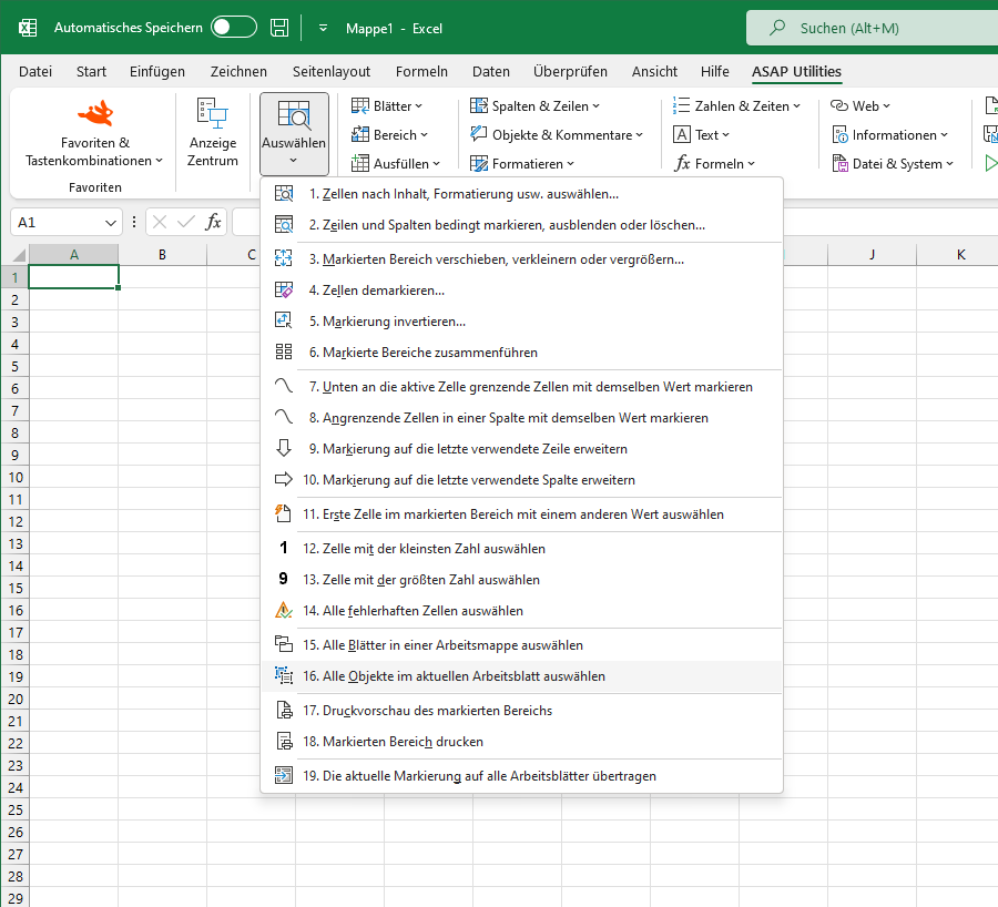 Auswählen  ›  16 Alle Objekte im aktuellen Arbeitsblatt auswählen