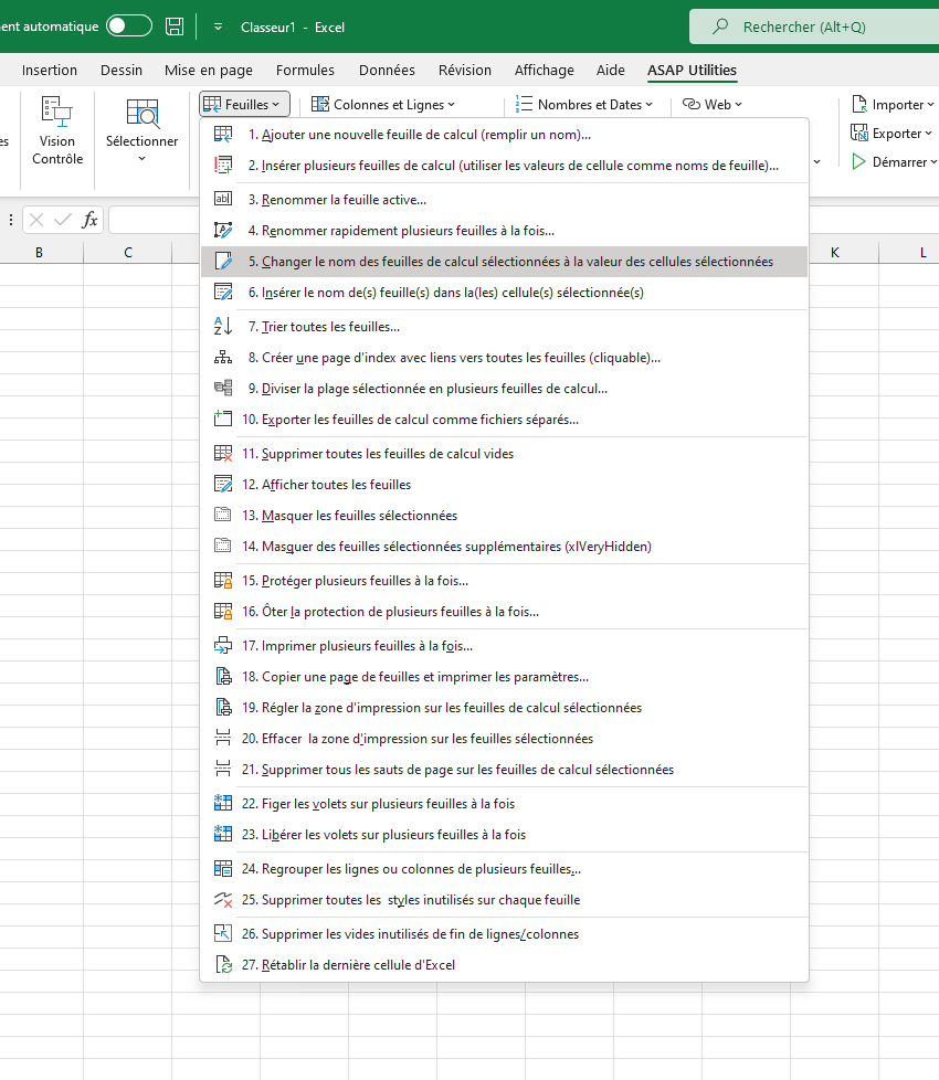 Feuilles  ›  5 Changer le nom des feuilles de calcul sélectionnées à la valeur des cellules sélectionnées