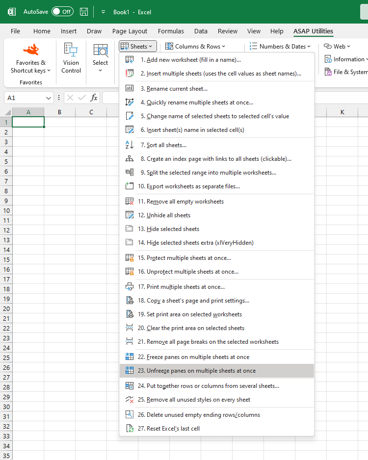 Sheets  ›  23 Unfreeze panes on multiple sheets at once