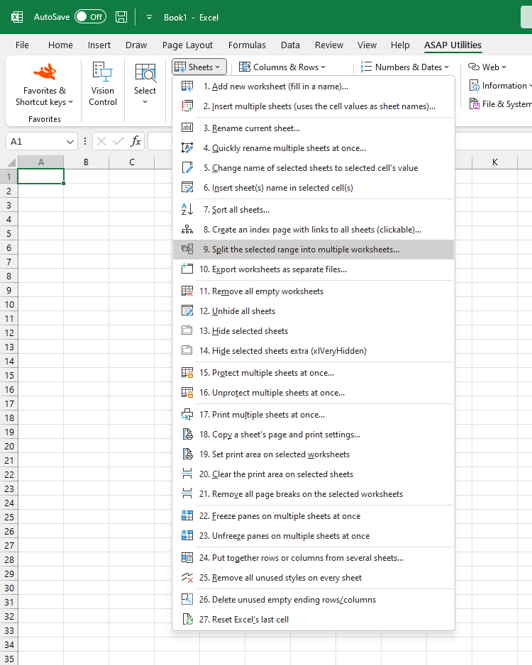 Sheets  ›  9 Split the selected range into multiple worksheets...