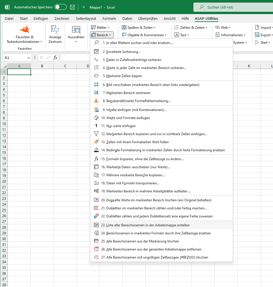 Bereich  ›  23 Liste aller Bereichsnamen in der Arbeitsmappe erstellen