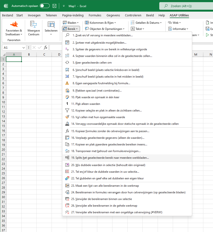Bereik  ›  19 Splits het geselecteerde bereik naar meerdere werkbladen...