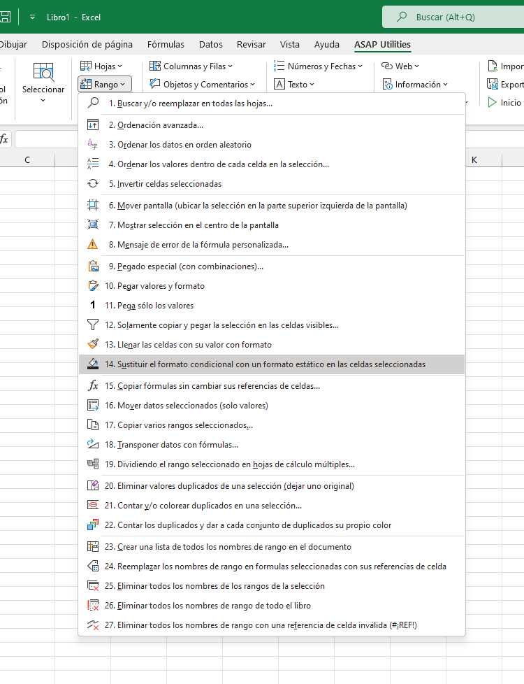 Rango  ›  14 Sustituir el formato condicional con un formato estático en las celdas seleccionadas