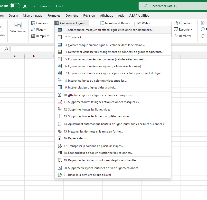 Colonnes et Lignes  ›  1 Sélectionner, masquer ou effacer ligne et colonne conditionnelle...