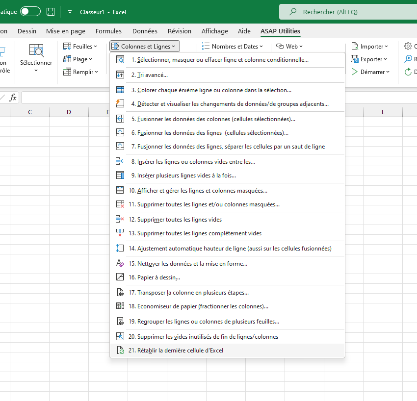 Colonnes et Lignes  ›  21 Rétablir la dernière cellule d'Excel