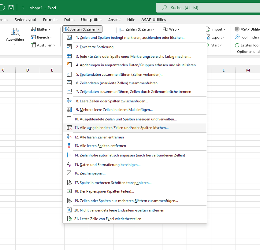 Spalten & Zeilen  ›  11 Alle ausgeblendeten Zeilen und/oder Spalten löschen...