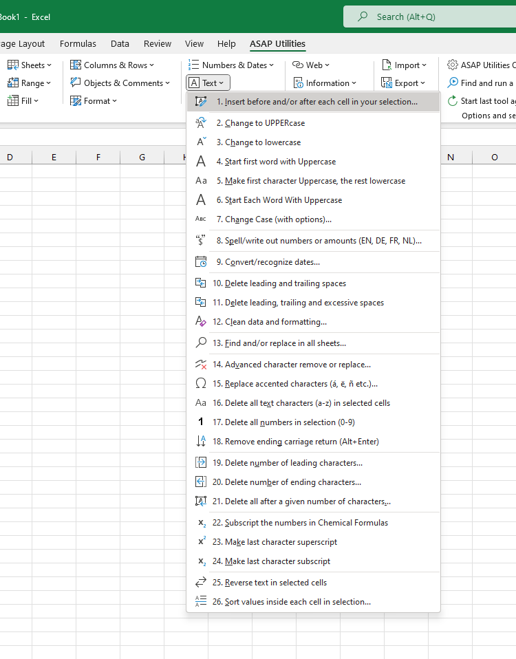 Text  ›  1 Insert before and/or after each cell in your selection...