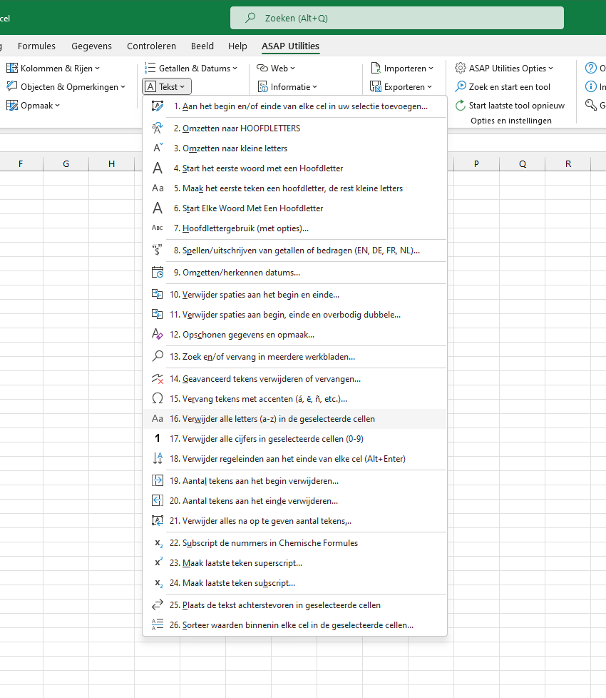 Tekst  ›  16 Verwijder alle letters (a-z) in de geselecteerde cellen