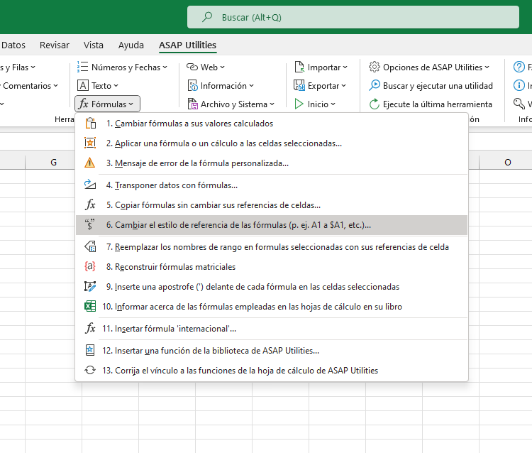 Fórmulas  ›  6 Cambiar el estilo de referencia de las fórmulas (p. ej. A1 a $A1, etc.)...