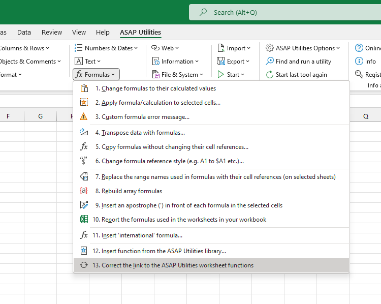 Formulas  ›  13 Correct the link to the ASAP Utilities worksheet functions