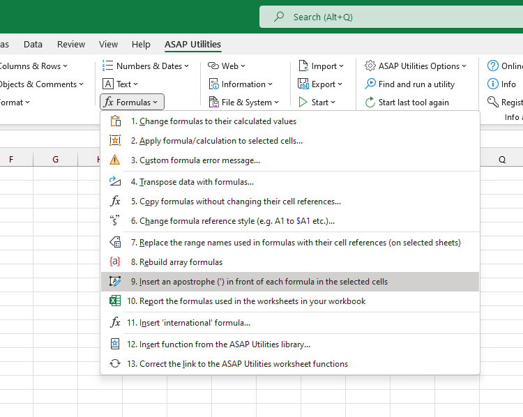 Formulas  ›  9 Insert an apostrophe (') in front of each formula in the selected cells