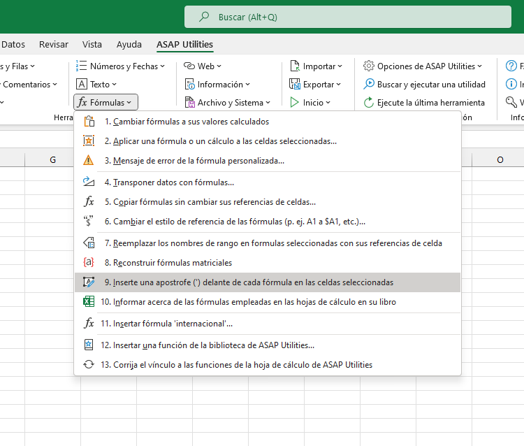 Fórmulas  ›  9 Inserte una apostrofe (') delante de cada fórmula en las celdas seleccionadas