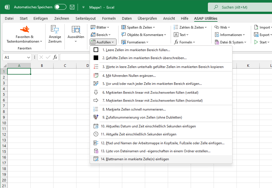 Ausfüllen  ›  14 Blattnamen in markierte Zelle(n) einfügen
