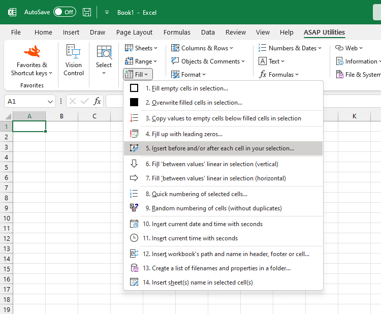 Fill  ›  5 Insert before and/or after each cell in your selection...