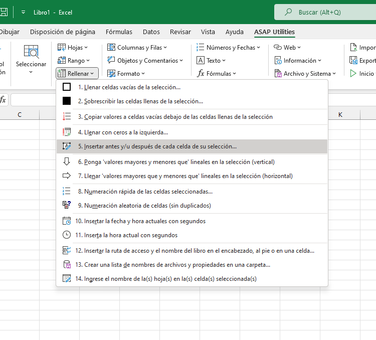Rellenar  ›  5 Insertar antes y/u después de cada celda de su selección...