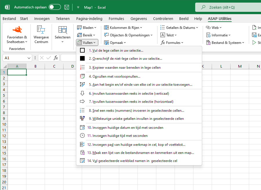 Vullen  ›  1 Vul de lege cellen in uw selectie...