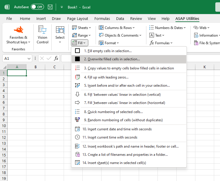 Fill  ›  2 Overwrite filled cells in selection...