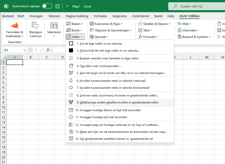 Vullen  ›  9 Willekeurige unieke getallen invullen in geselecteerde cellen