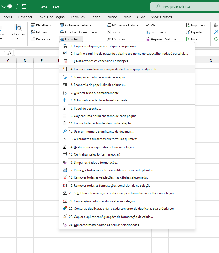 Formatar  ›  4 Excluir e visualizar mudanças de dados ou grupos adjacentes...