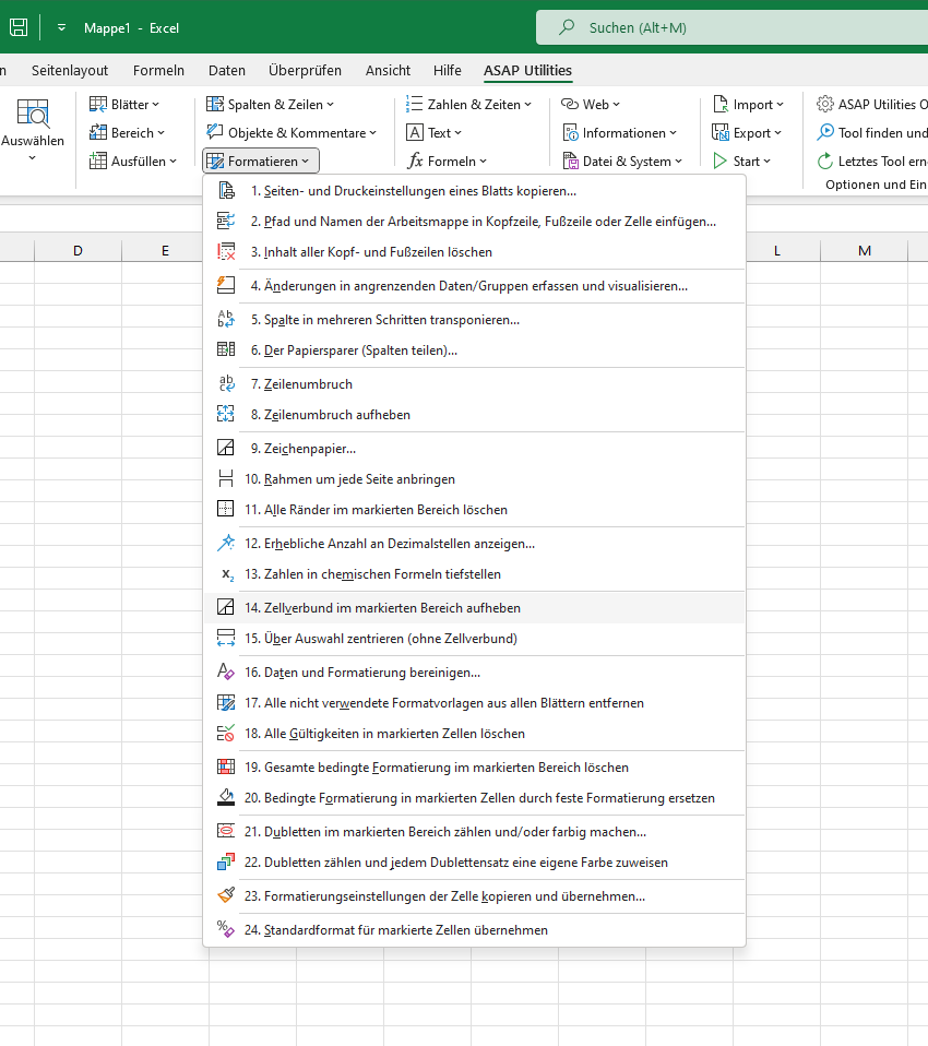Formatieren  ›  14 Zellverbund im markierten Bereich aufheben