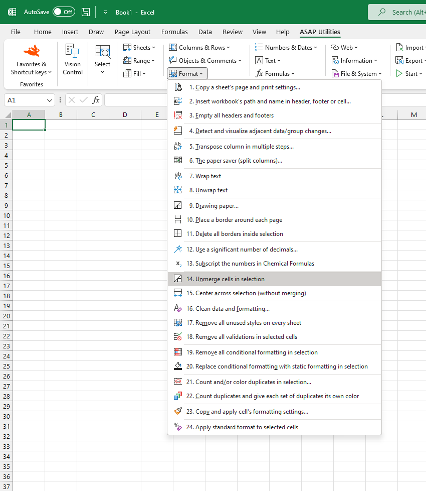 Format  ›  14 Unmerge cells in selection