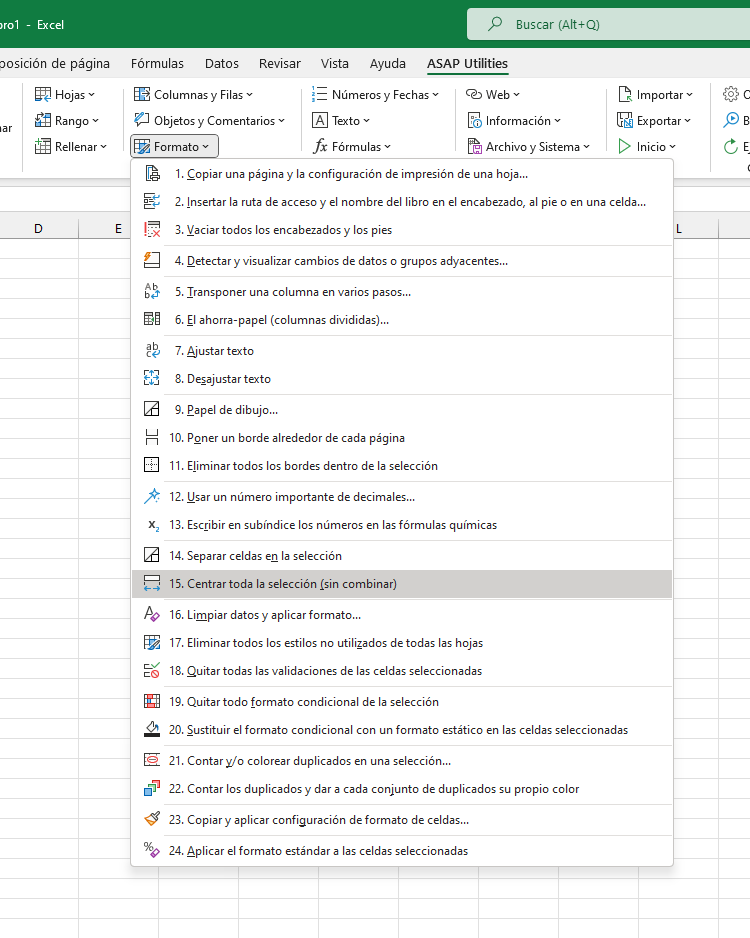 Formato  ›  15 Centrar toda la selección (sin combinar)