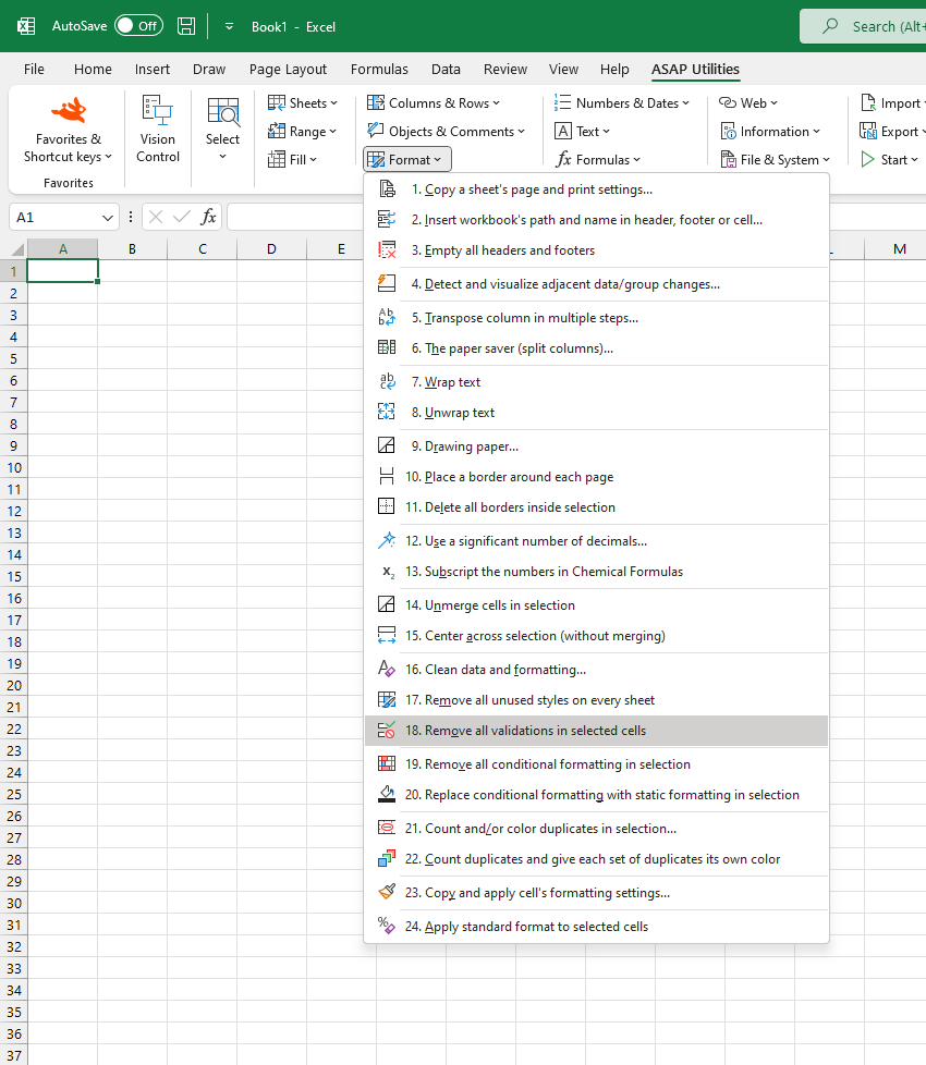 Format  ›  18 Remove all data validations in selected cells