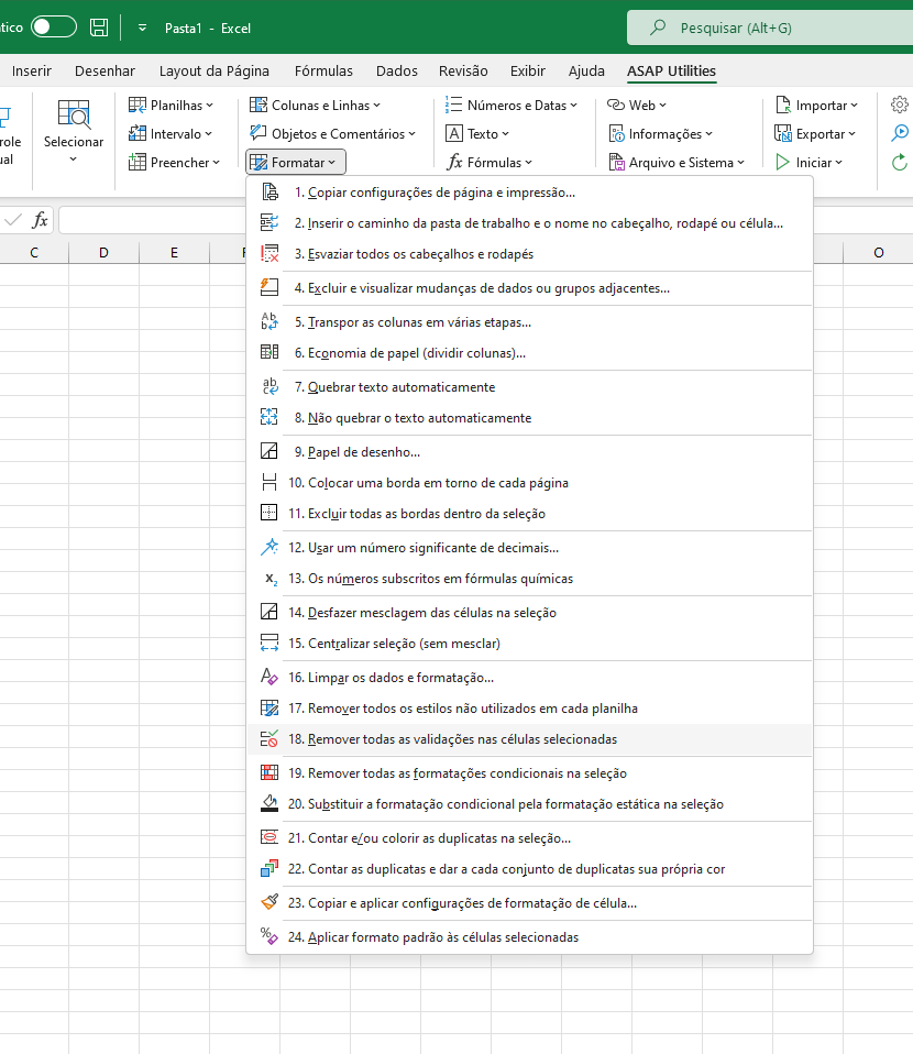 Formatar  ›  18 Remover todas as validações nas células selecionadas