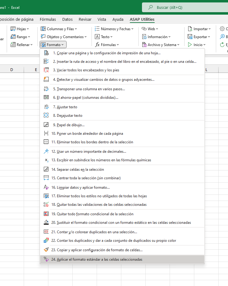 Formato  ›  24 Aplicar el formato estándar a las celdas seleccionadas