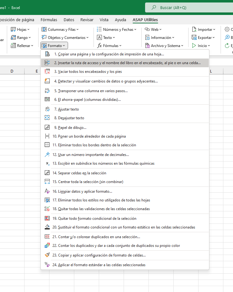 Formato  ›  2 Insertar la ruta de acceso y el nombre del libro en el encabezado, al pie o en una celda...