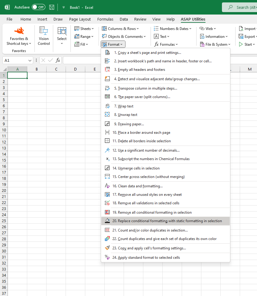 Format  ›  20 Replace conditional formatting with static formatting in selection