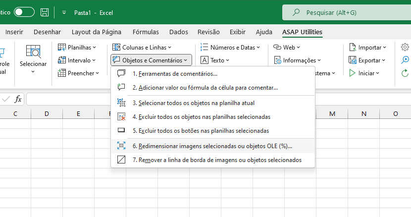 Objetos e Comentários  ›  6 Redimensionar imagens selecionadas ou objetos OLE (%)...